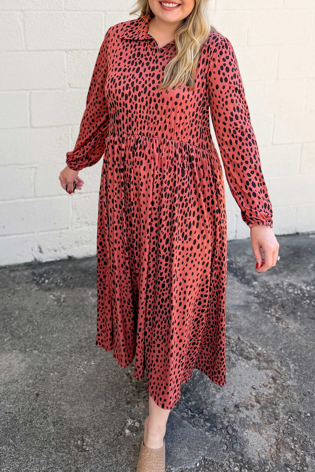 Red Leopard Print Long Sleeve V Neck Plus Size Midi Dress 🇺🇸