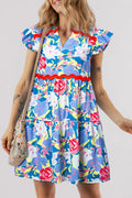 Sky Blue Floral Printed V Notched Ric Rac Flutter Sleeve Dress 🇺🇸
