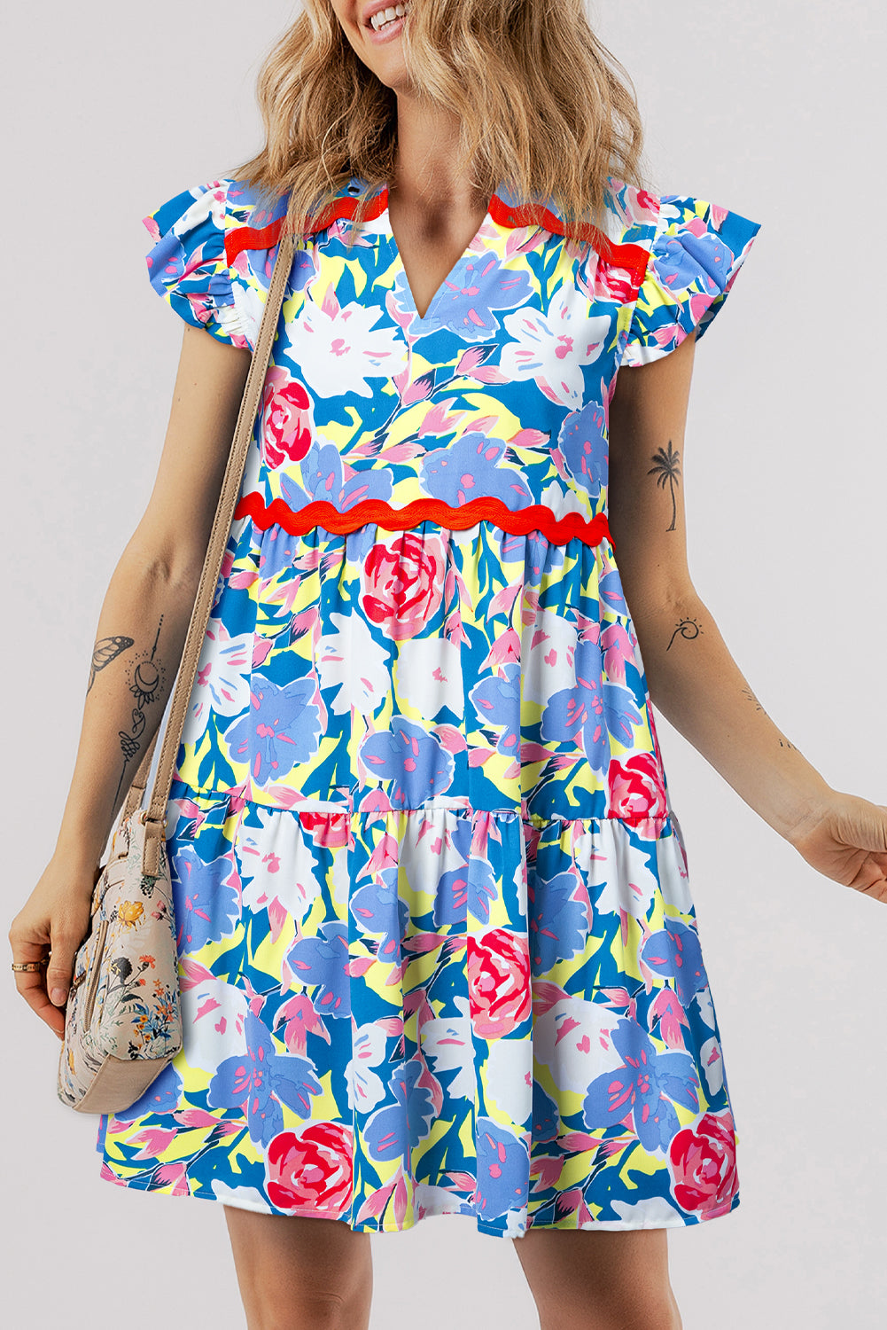 Sky Blue Floral Printed V Notched Ric Rac Flutter Sleeve Dress 🇺🇸
