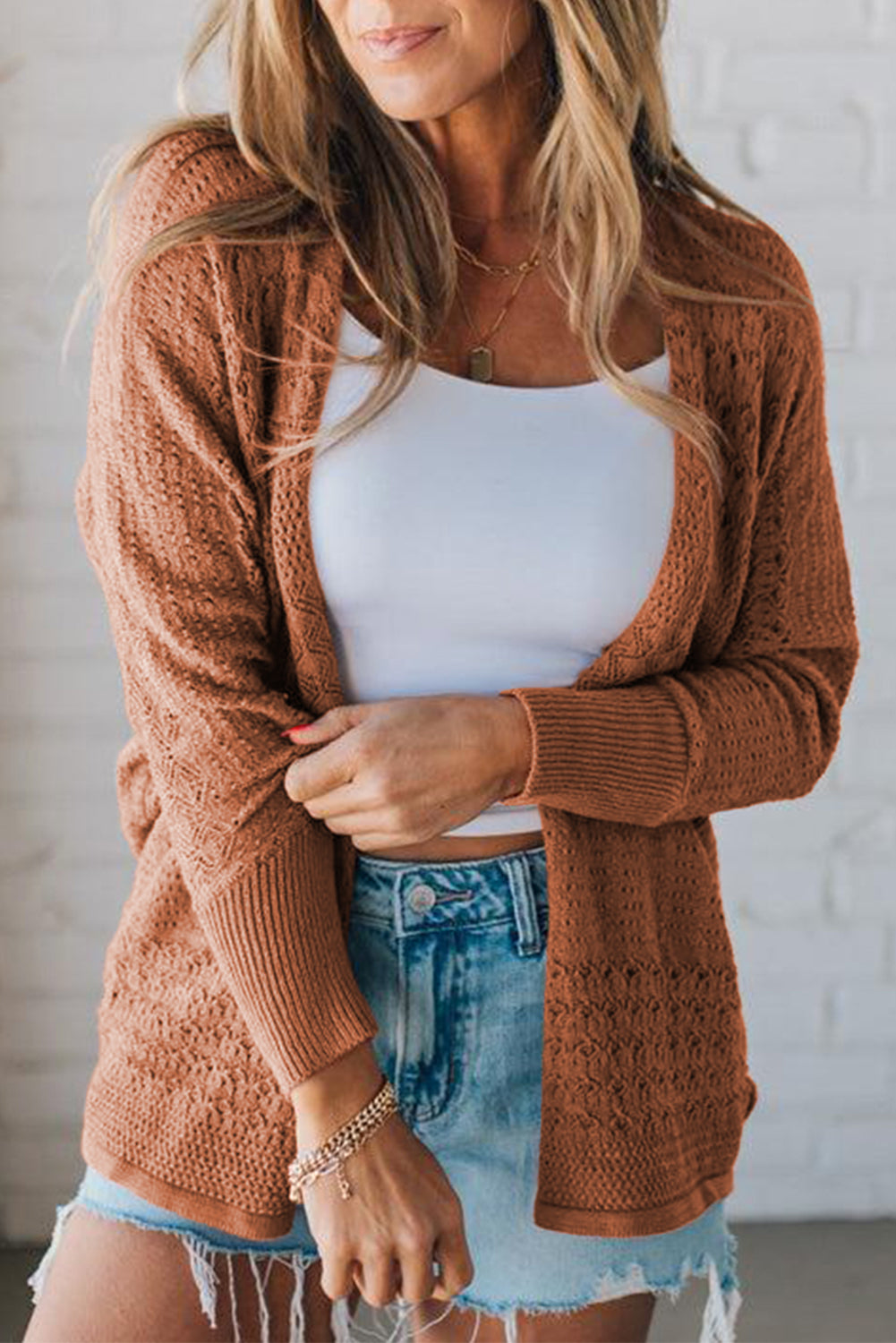 Redwood Burl Mix Pattern Hollowed Knit Open Front Cardigan 🇺🇸