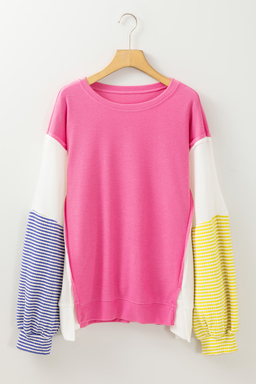 Rose Red Colorblock Patchwork Striped Puff Sleeve Plus Size Top with Slits 🇺🇲