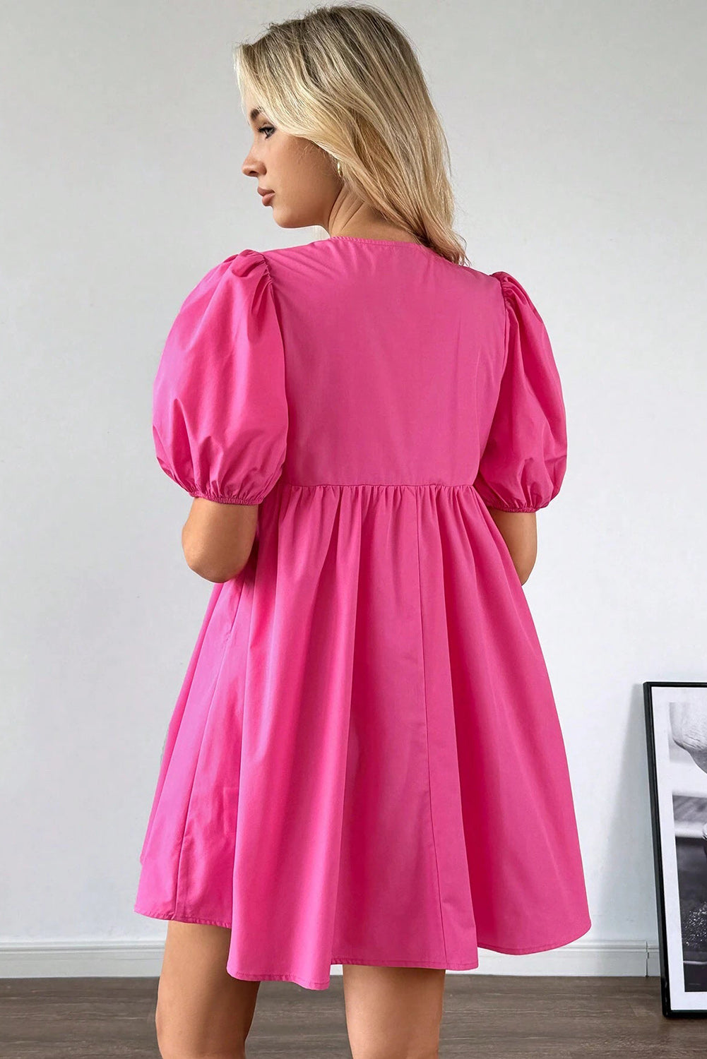Bright Pink Solid Color Puff Sleeve Tie Front High Waist Mini Dress 🇺🇸