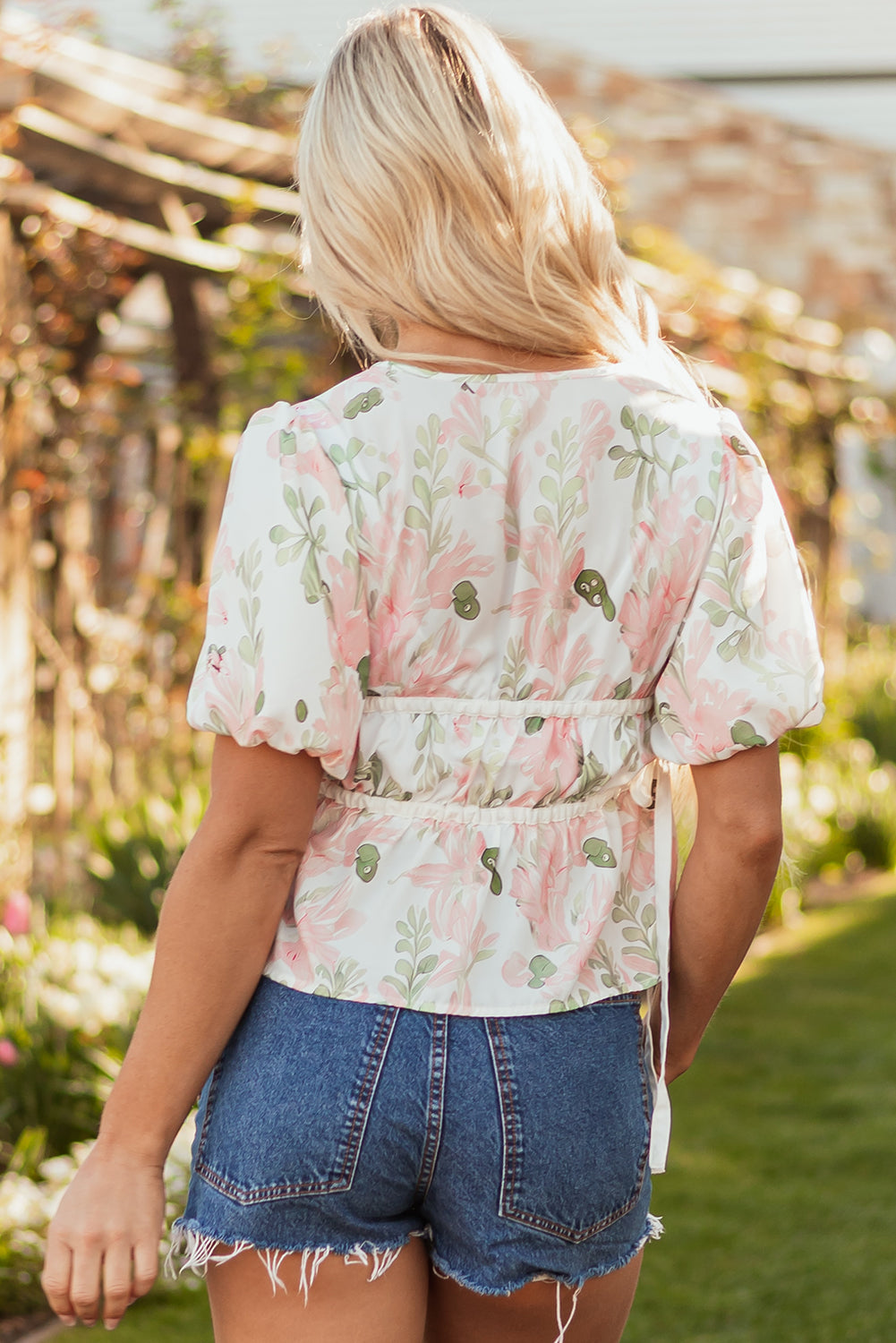 Pink Floral Puff Sleeve V Neck Tied Front Peplum Blouse 🇨🇳