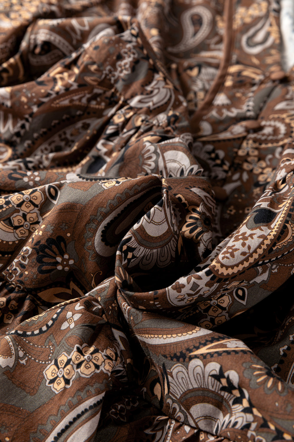 Brown Paisley Print Half Buttons Puff Sleeve Flowy Short Dress 🇺🇸