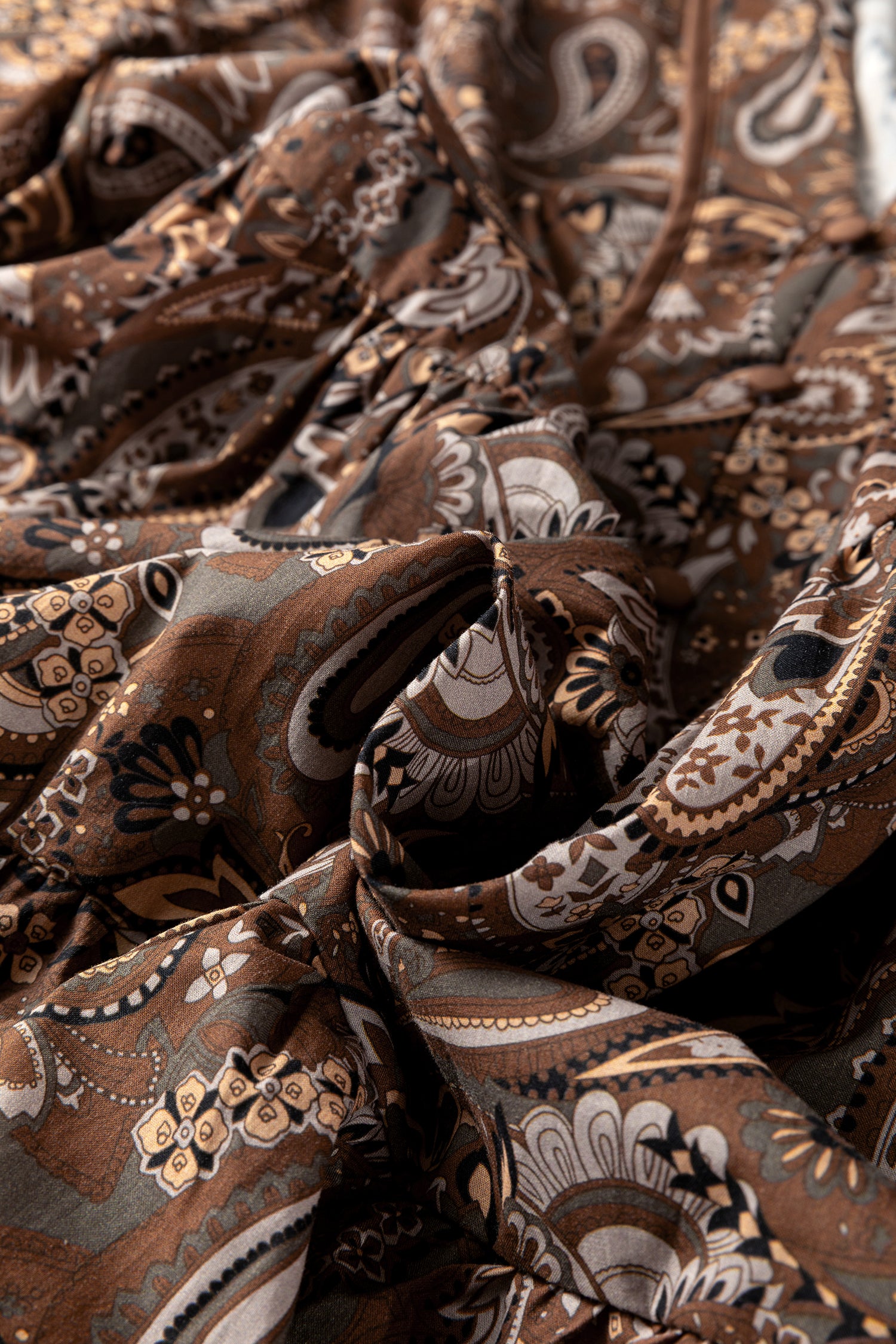 Brown Paisley Print Half Buttons Puff Sleeve Flowy Short Dress 🇺🇸