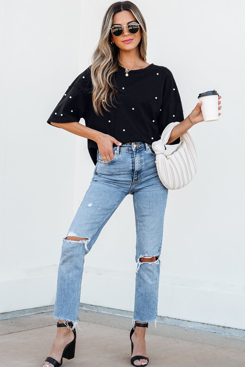 Black Pearl Beaded Drop Shoulder Crewneck T Shirt 🇨🇳