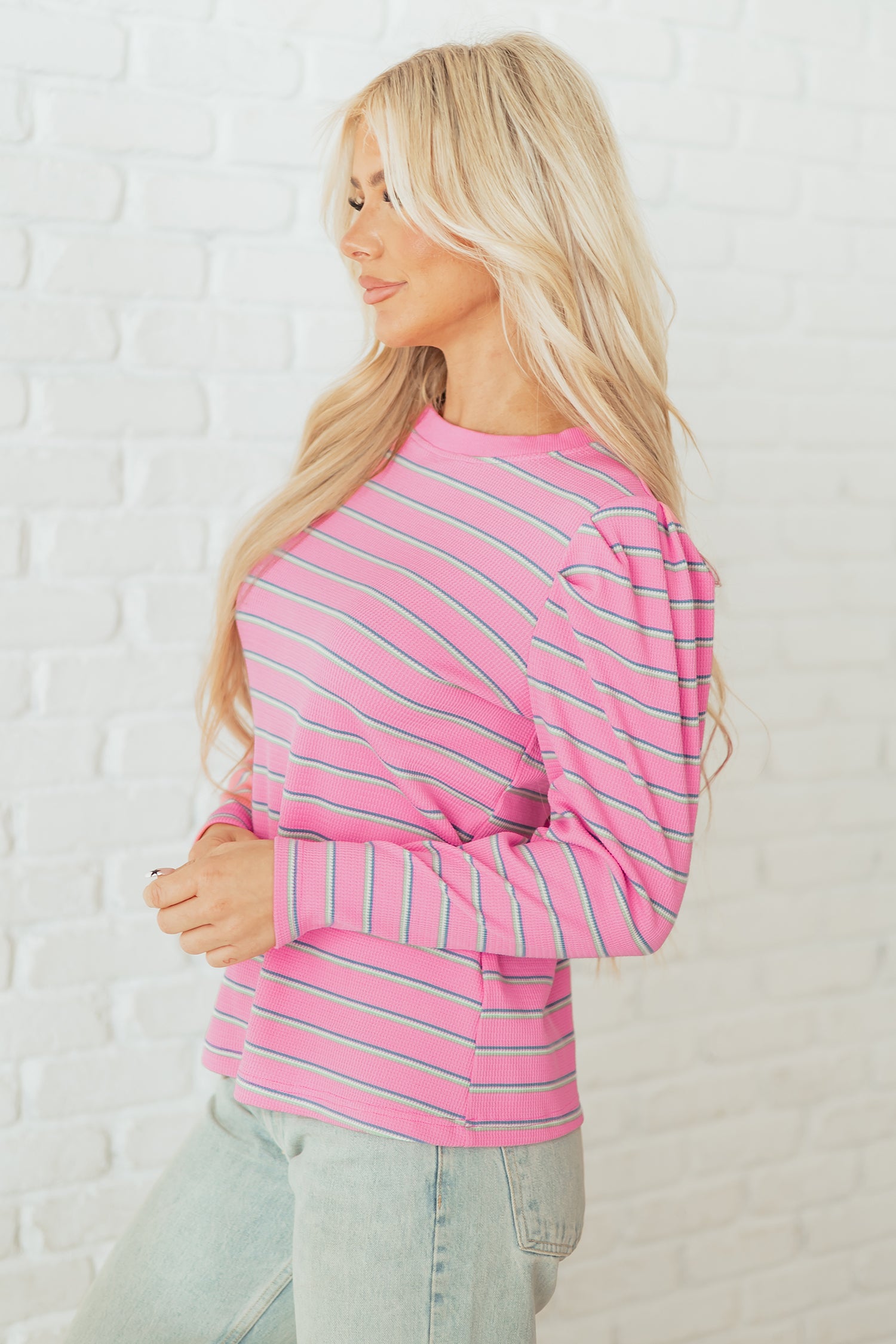 Rose Stripe Textured Knit Round Neck Long Sleeve Top 🇺🇸