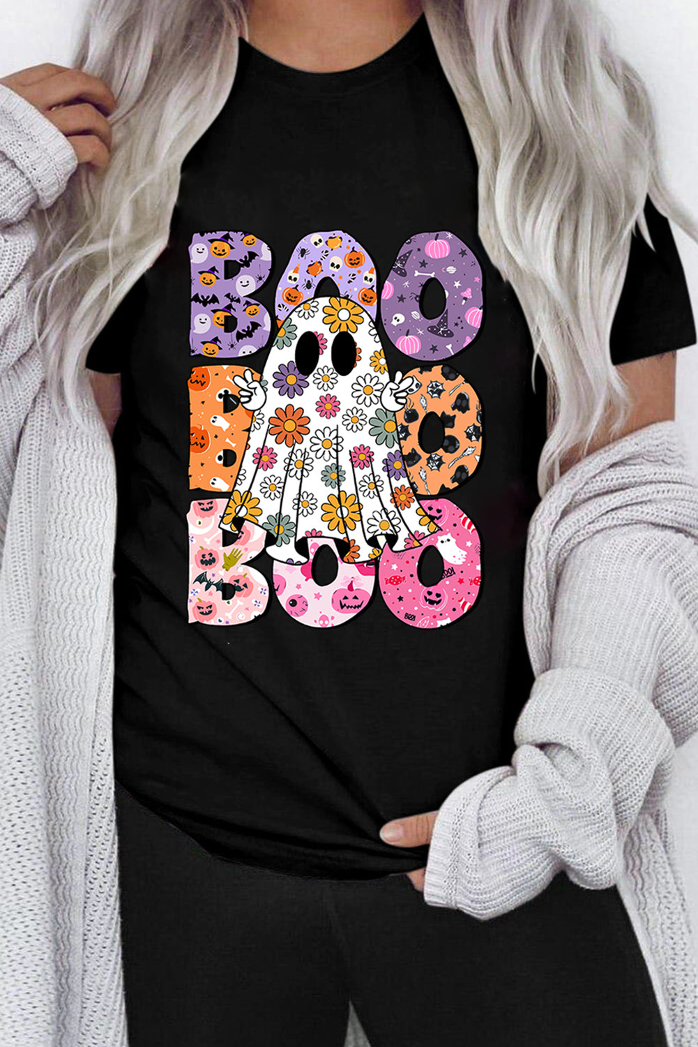 Black BOO Floral Ghost Print Crew Neck Halloween T Shirt 🇺🇲
