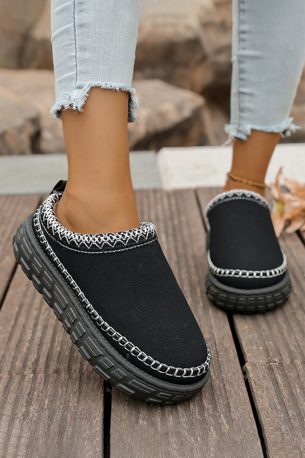 Black Faux Suede Woven Trim Plush Lining Platform Slippers 🇺🇸