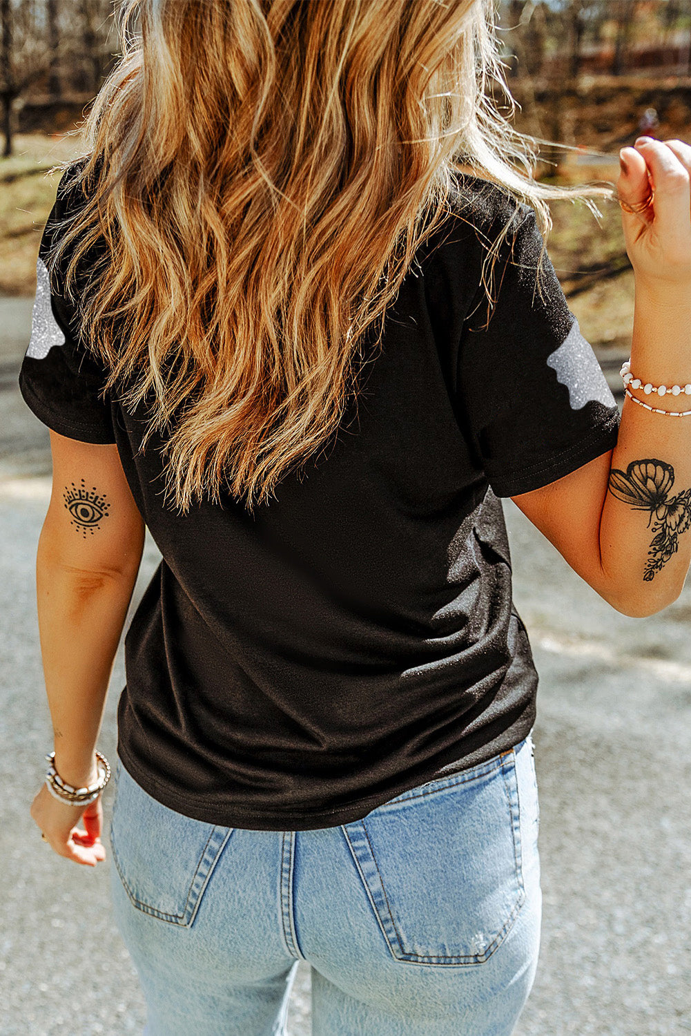 Black Glitter Ghost Pattern Crew Neck Halloween T Shirt 🇺🇸