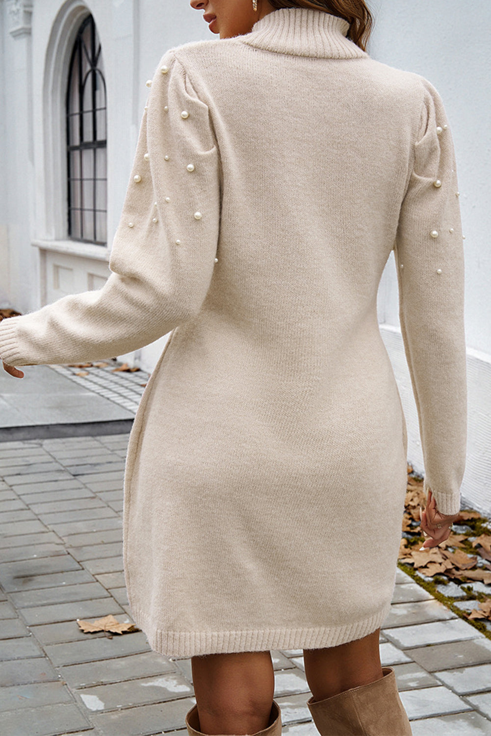 Parchment Pearl Beaded High Neck Bodycon Sweater Dress 🇺🇸