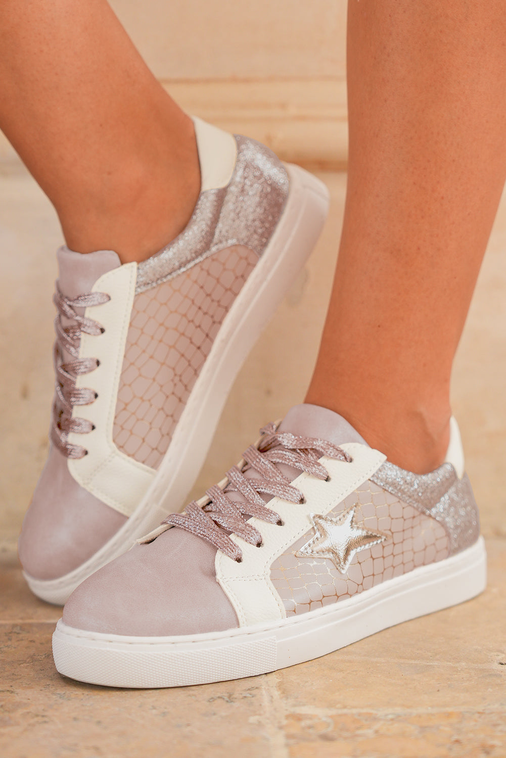 Gold Glitter Star Patchwork PU Leather Lace-up Sneakers 🇺🇸