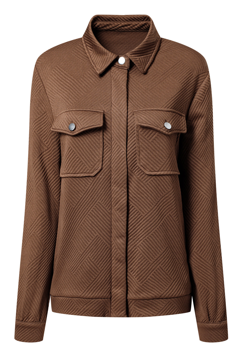 Coffee Solid Color Zip Up Button Flap Pocket Shirt Collar Jackets 🇺🇸
