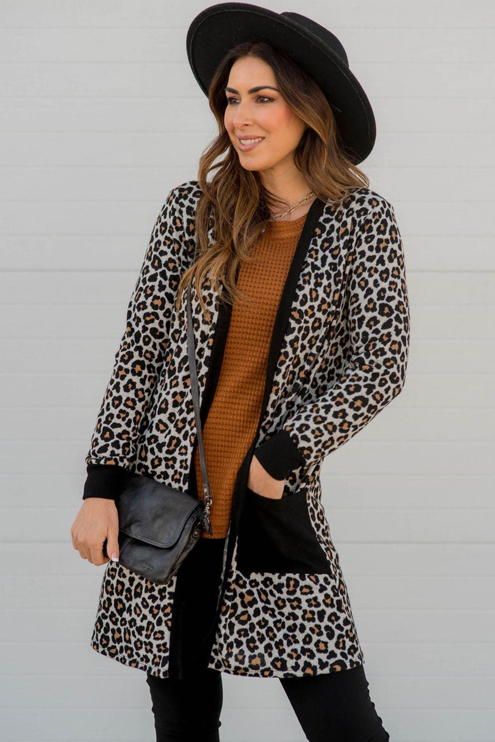 Black Leopard Patched Pocket Open Front Cardigan 🇺🇸