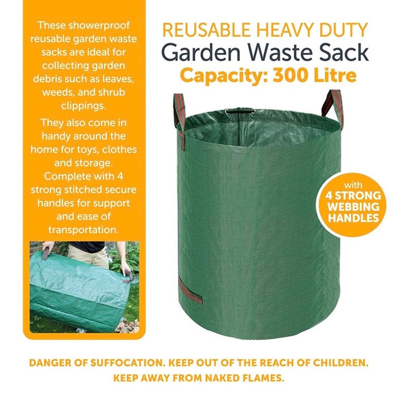 Large Garden Waste Bags with Zipper Leaf Waste Sacks with Handles Foldable and Reusable Green - 300 L 🇬🇧