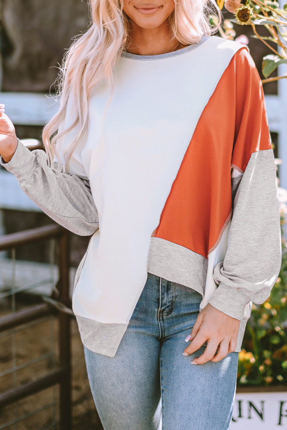 Khaki Colorblock Stitching Irregular Hem Long Sleeve Top 🇺🇸