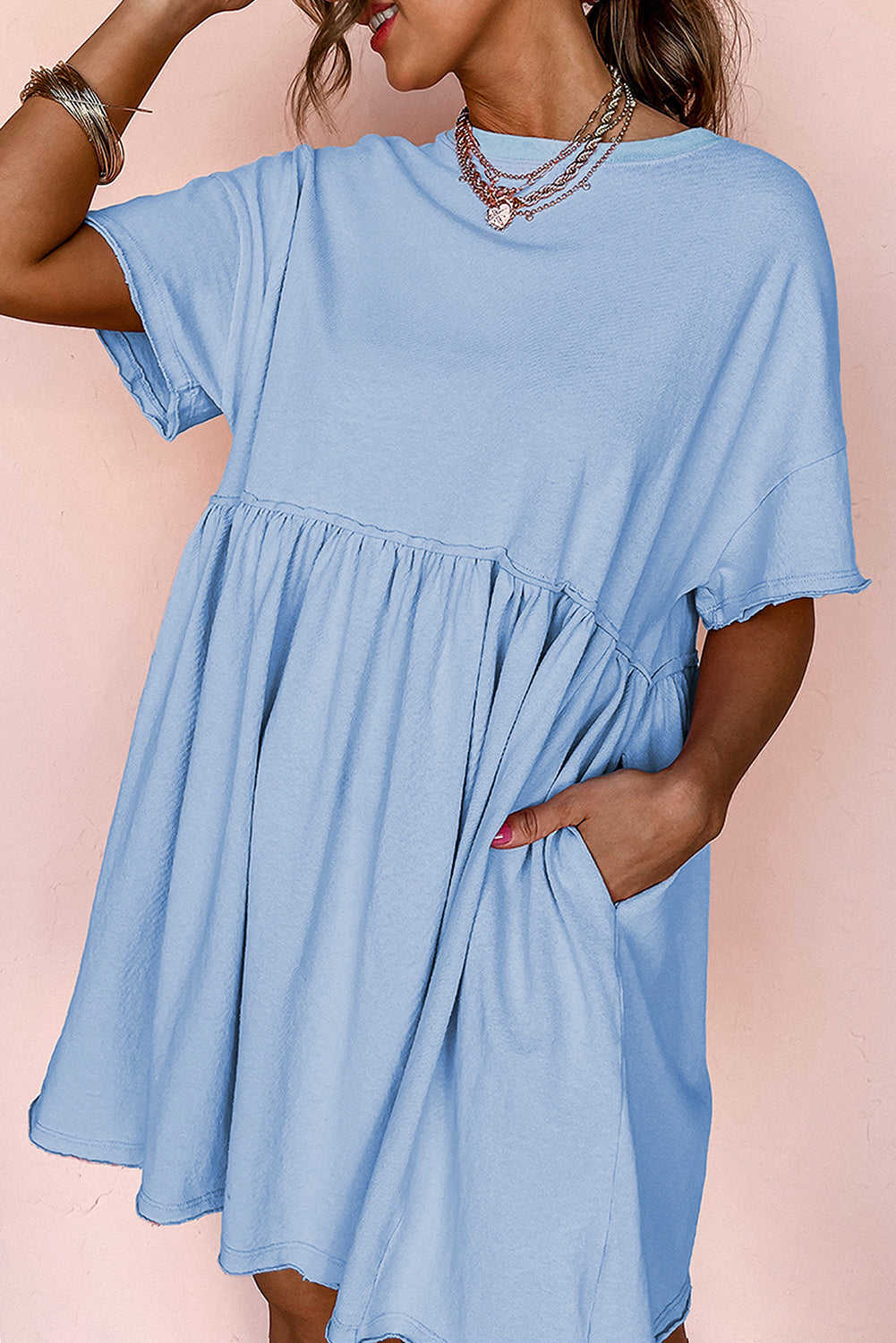 Sky Blue Solid Color Pocketed Raw Edge Babydoll Dress 🇨🇳