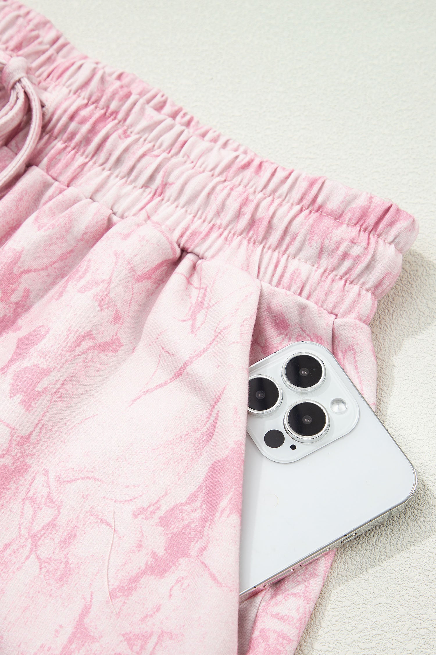 Pink Abstract Print V Neck Loose Tee Drawstring Shorts 2pcs Outfit 🇺🇸