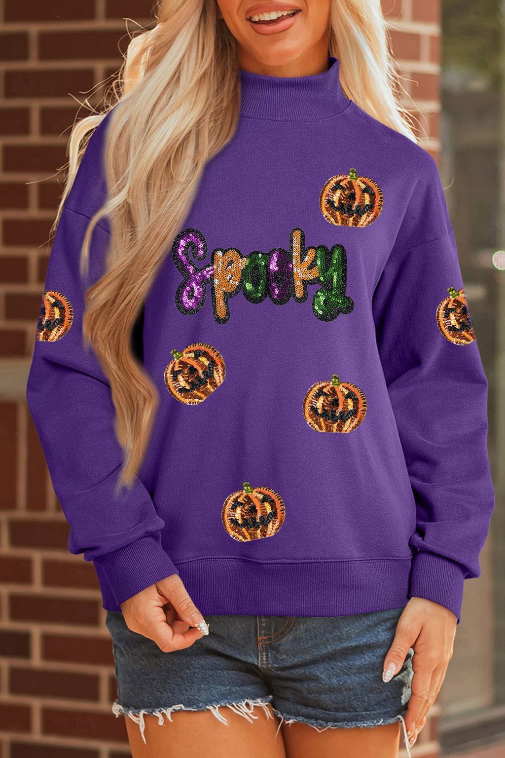 Tillandsia Purple Sequin Pumpkin Spooky Graphic Halloween Pullover Sweatshirt 🇺🇸