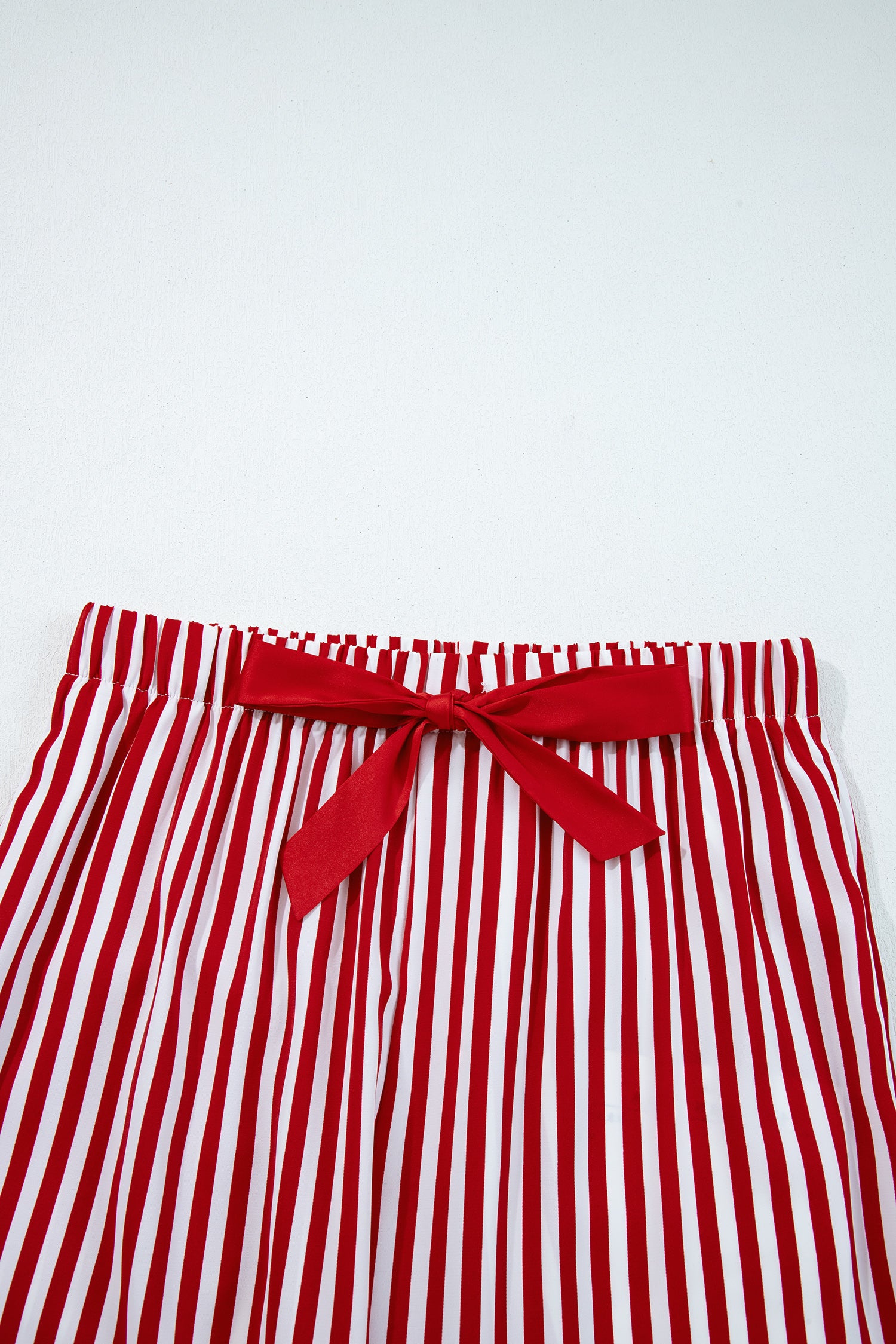 Red Stripe Contrast Velvet Trim Bow Knot Waist 2pcs Pajama Set 🇺🇸