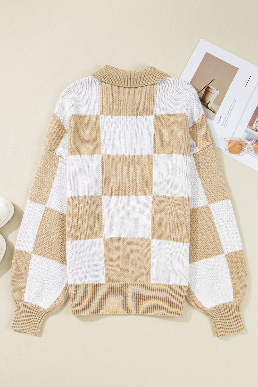 Light French Beige Checkered Pattern Polo Collar Loose Sweater  🇺🇸
