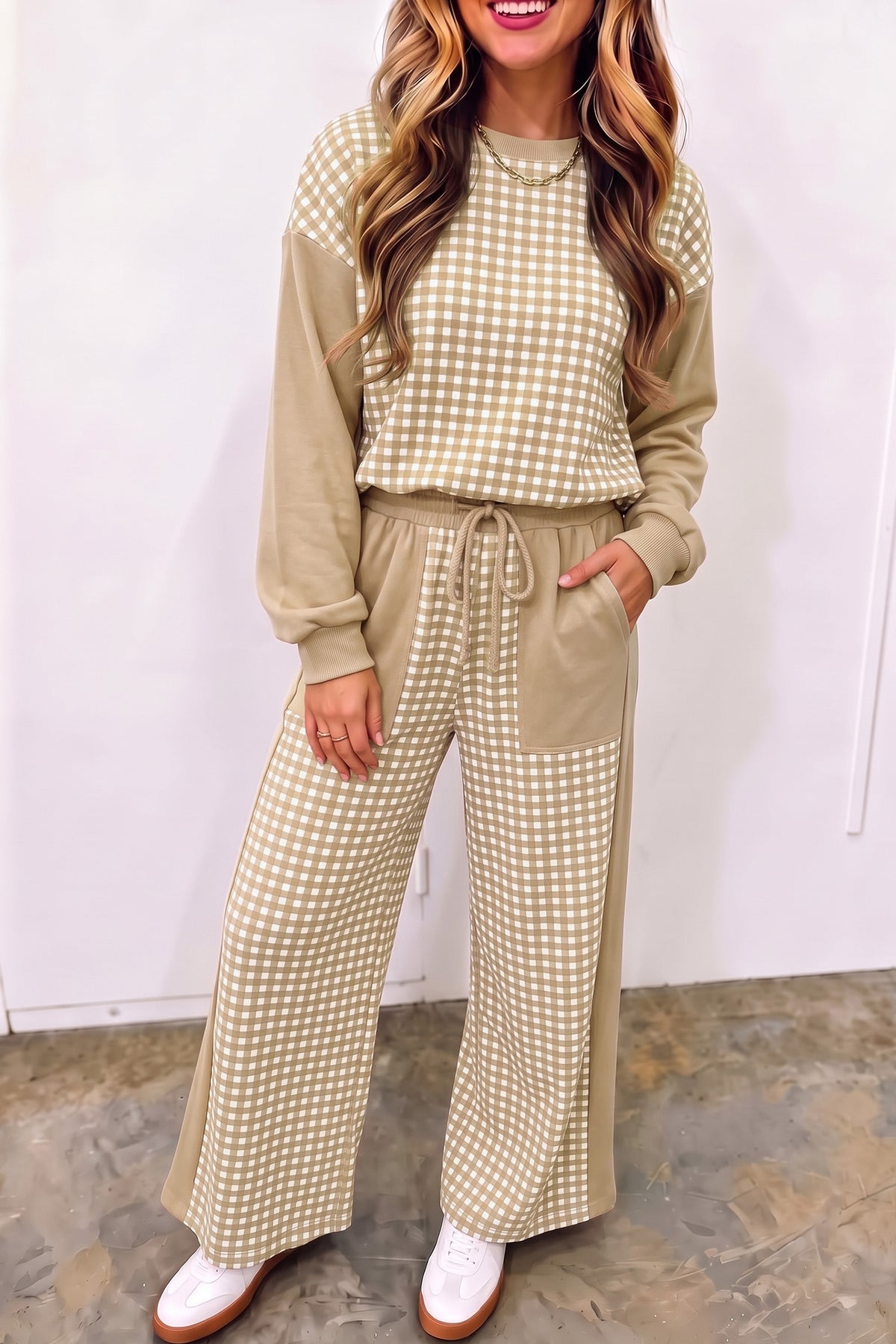 Khaki Color Block Plaid Patchwork Long Sleeve Pullover Wide Leg Pant Set 🇺🇸