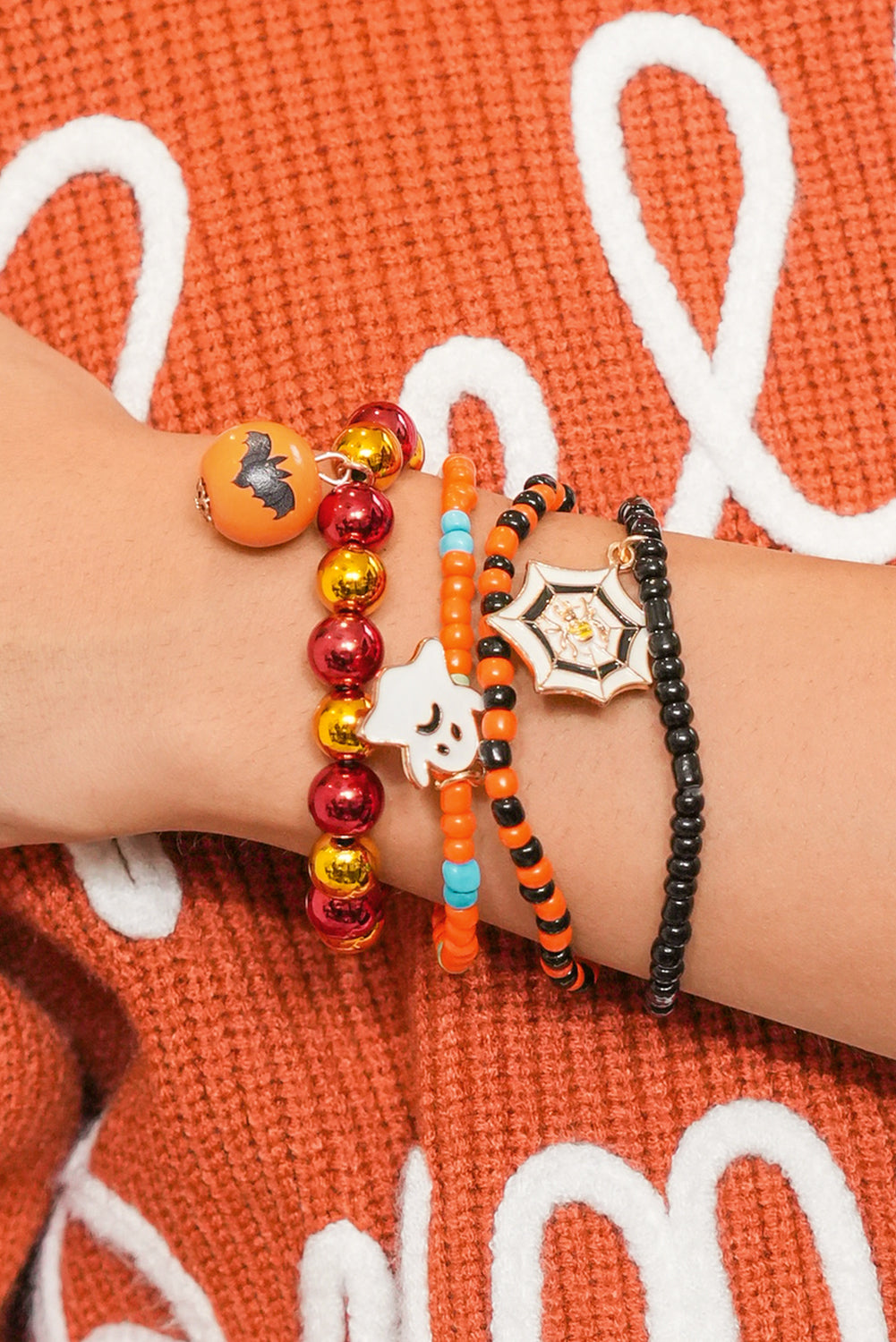 Orange 4pcs Halloween Ghost Spider Web Beaded Bracelet Set 🇺🇸