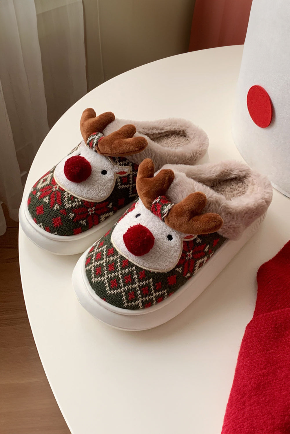 Dark Green Christmas Cartoon Reindeer Plush Home Slippers 🇺🇸