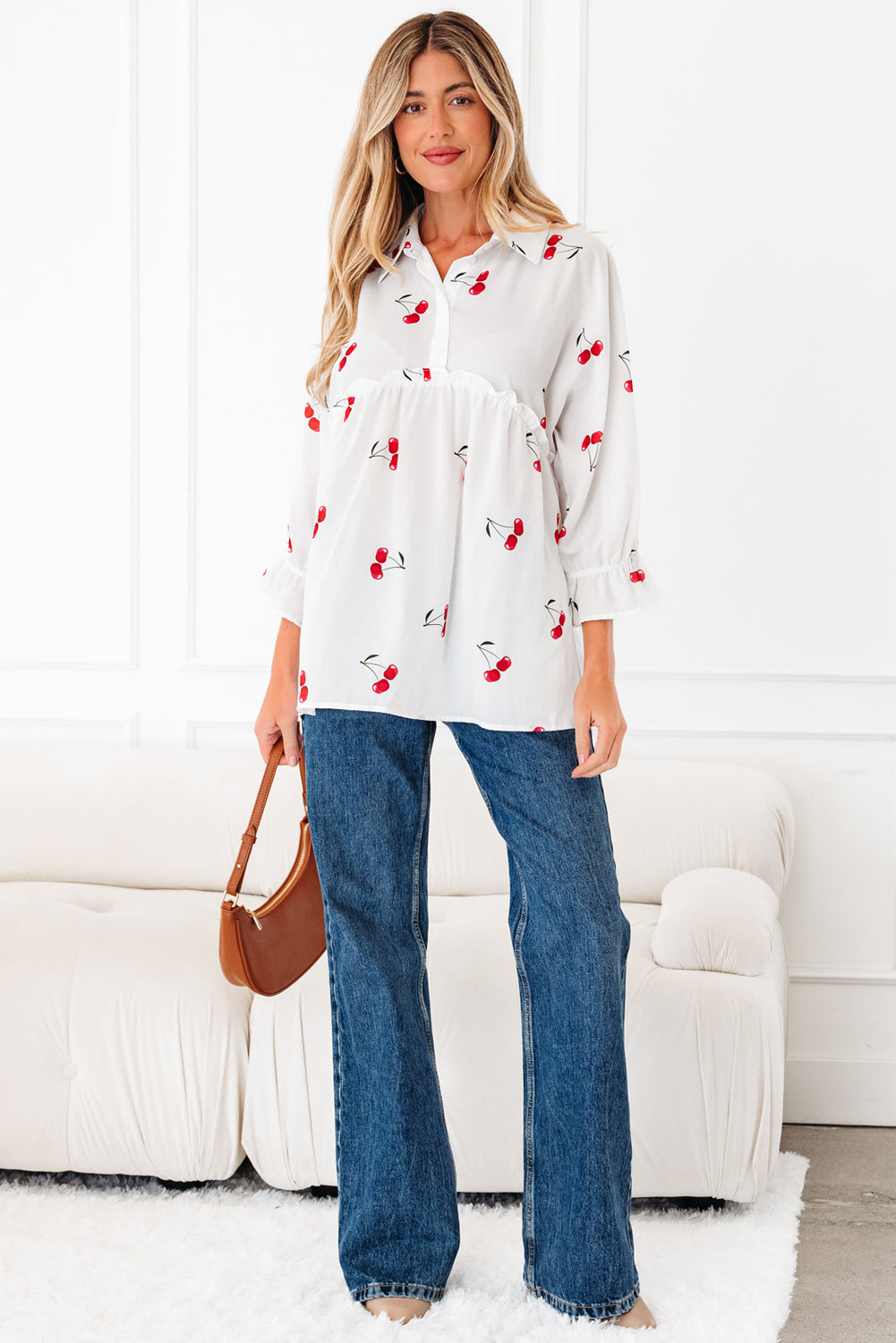 White Cherry Print Flounce Sleeve Collared Frilled Babydoll Blouse 🇺🇸