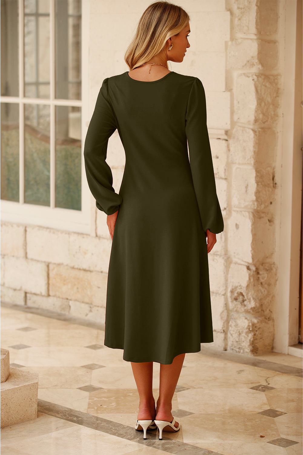 Jungle Green Solid Color Ruched Detail Long Sleeve Midi Dress 🇺🇸
