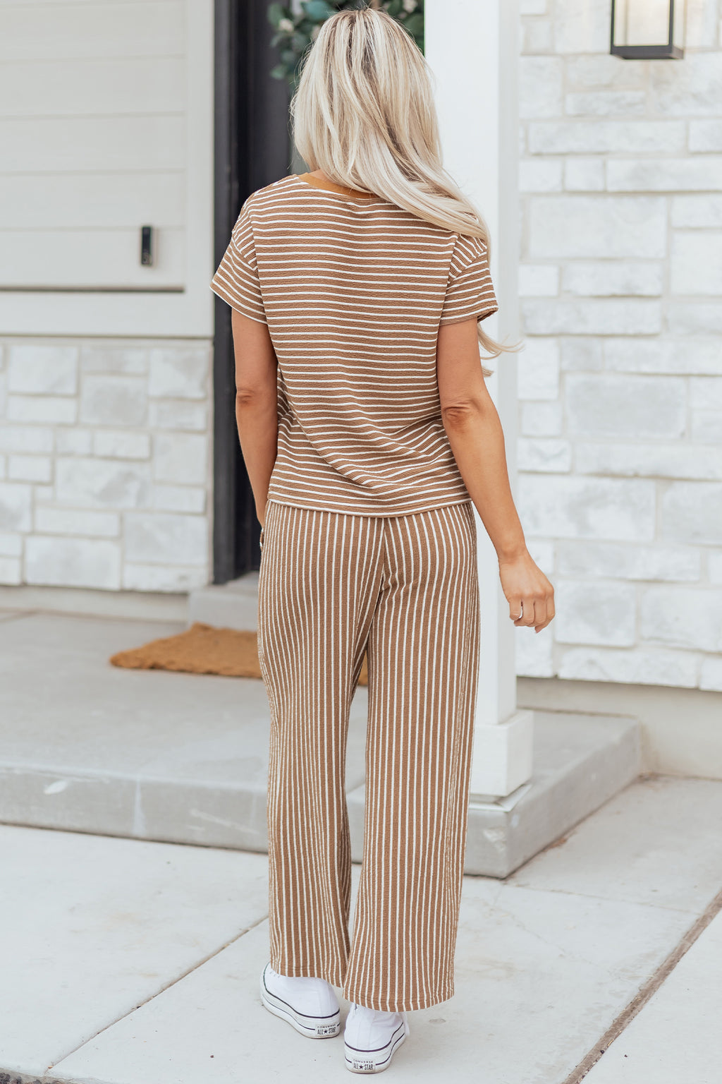 Khaki Stripe Crew Neck Tee Drawstring Waist Cropped Pants Set 🇺🇸