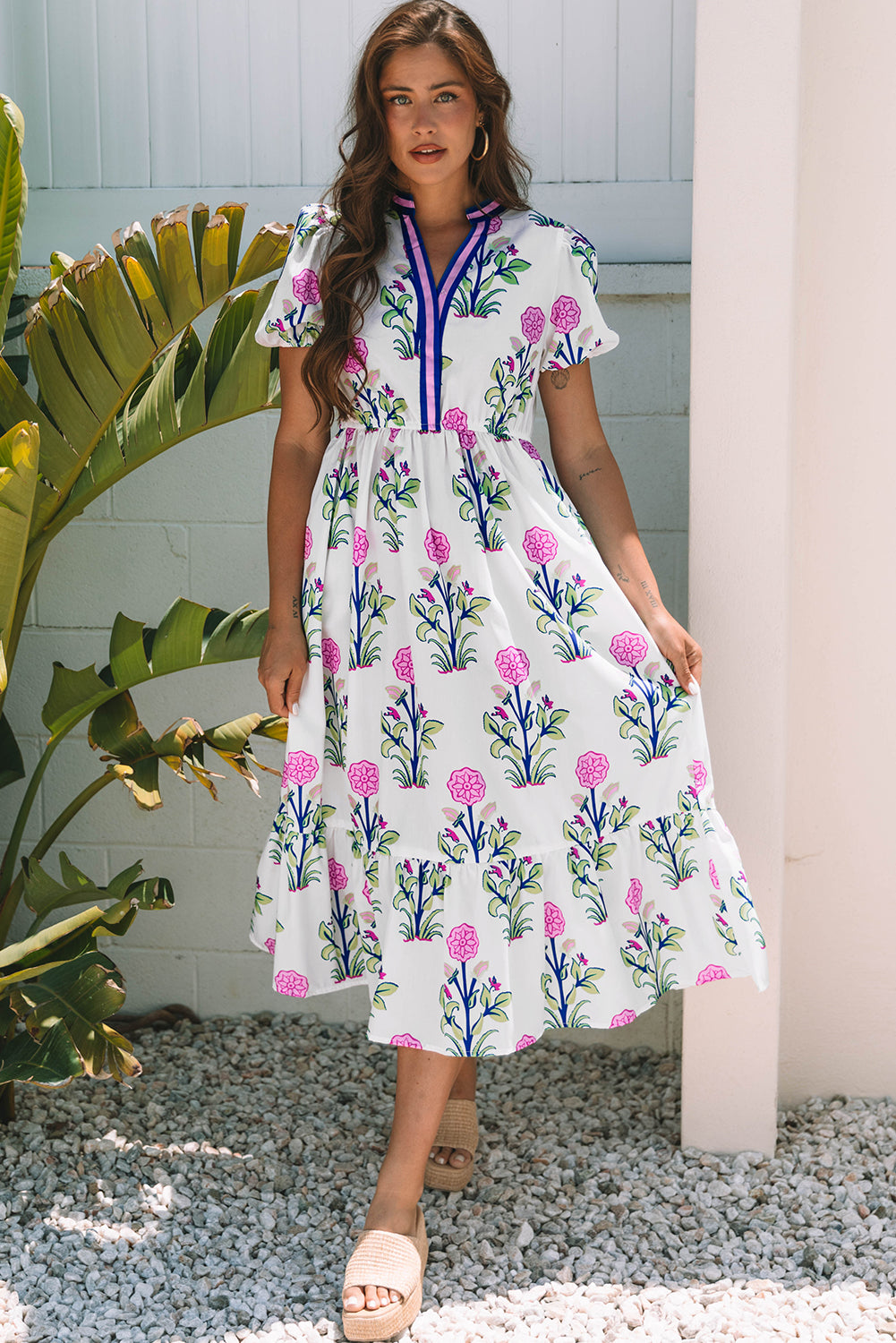 White Floral Puff Short Sleeve V Neck High Waist Maxi Dress 🇨🇳