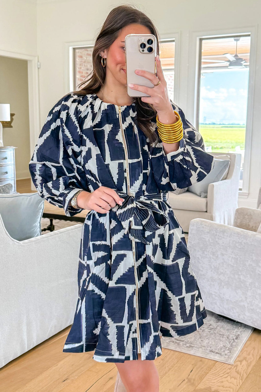 Blue Abstract Geometric Print Zip Front Tie Waist Shift Dress 🇺🇸