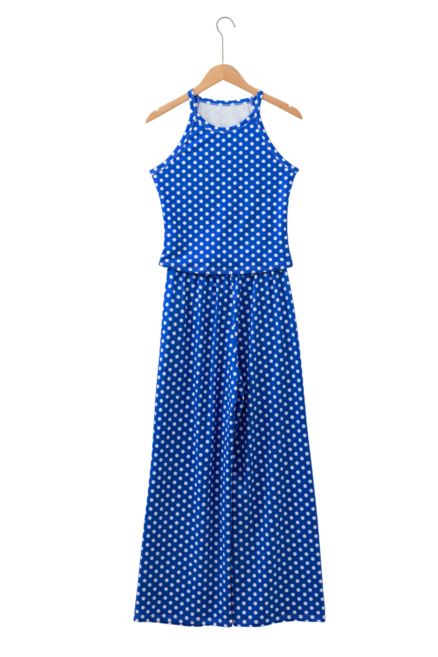 Blue Polka Dot Print Slim Tank Loose Pants 2pcs Outfit 🇺🇸