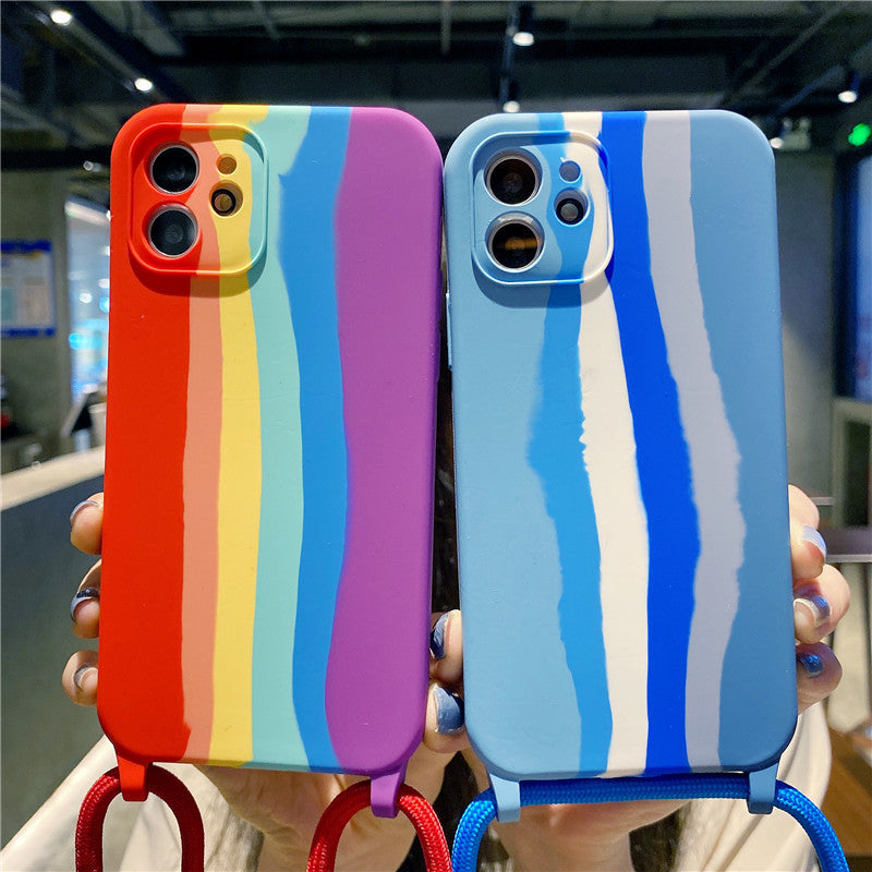 Mobile Phone Cover Apple 13pro Rainbow Lanyard Silicone Cover Suitable For 11pro All-Inclusive Anti-Fall Case 🇨🇳