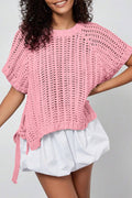Pink Plus Size Open Knit Bow Tie Short Sleeve Sweater 🇺🇸