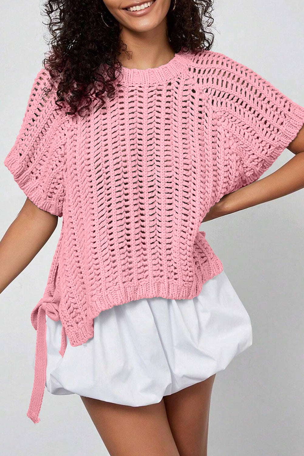 Pink Plus Size Open Knit Bow Tie Short Sleeve Sweater 🇺🇸
