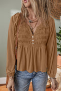 Cinnamon Smocked Bust Buttoned Split V Neck Flow Fit Blouse 🇺🇸
