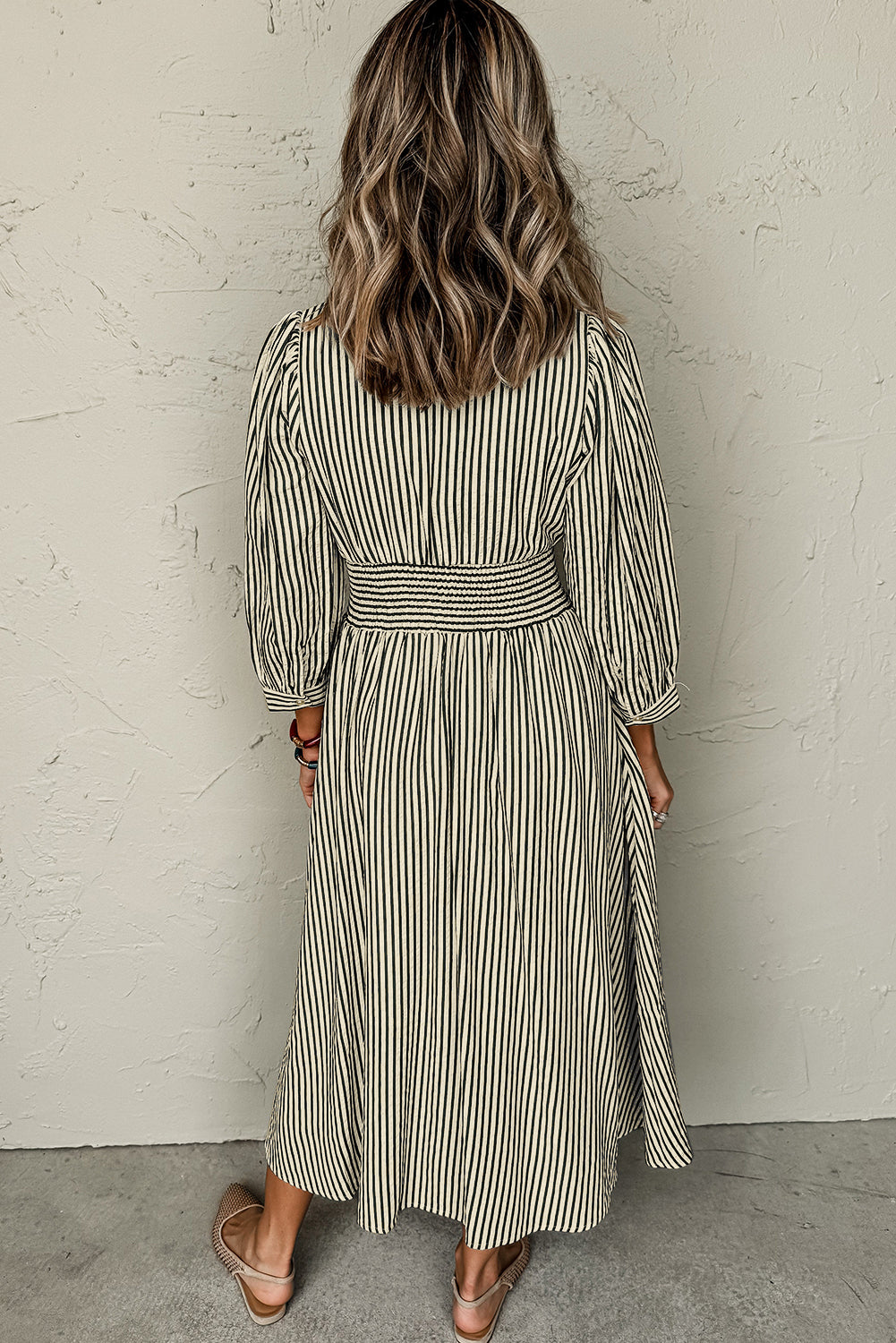 Black Stripe V Neck Zip Front Cinched High Waist Midi Dress 🇺🇸