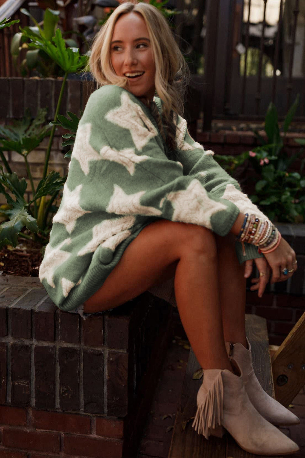 Green Sherpa Star Pattern Textured Sweater Cardigan with Pockets 🇺🇲