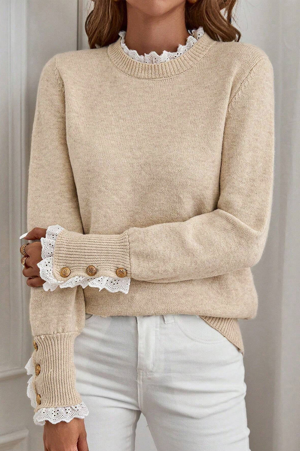 Jet Stream Lace Trim Patchwork Buttoned Cuffs Loose Sweater 🇺🇸