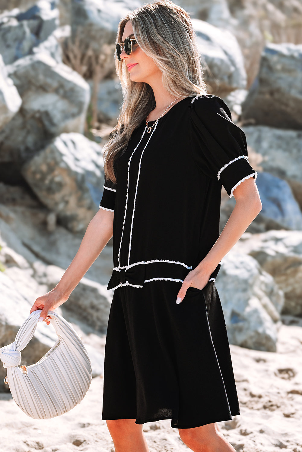 Black Contrast Scallop Trim Bow Detail Half Sleeve Shift Dress 🇨🇳