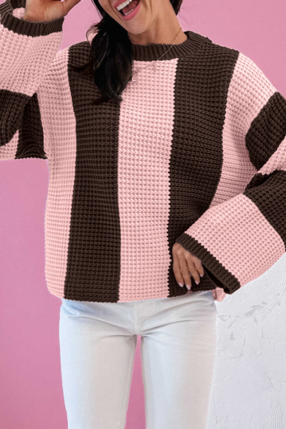 Fushia Striped Color Block Thermal Textured Knit Drop Shoulder Sweater 🇺🇸