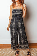 Black Spaghetti Straps Elastic Waist Loose Ethnic Print Jumpsuit 🇺🇸