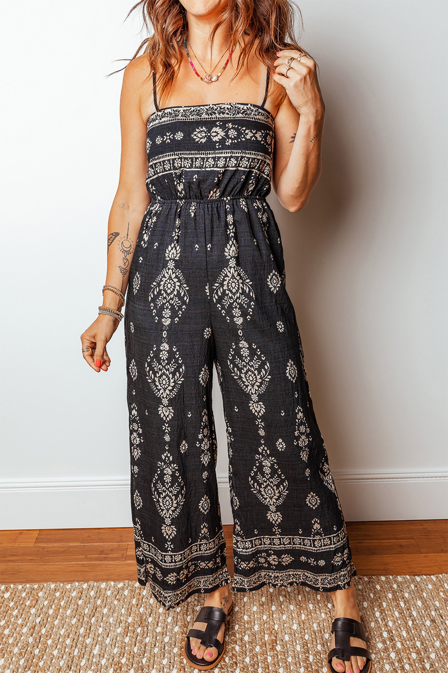 Black Spaghetti Straps Elastic Waist Loose Ethnic Print Jumpsuit 🇺🇸