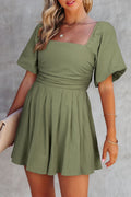 Jungle Green Square Neck Ruched Puff Sleeve Romper 🇺🇸