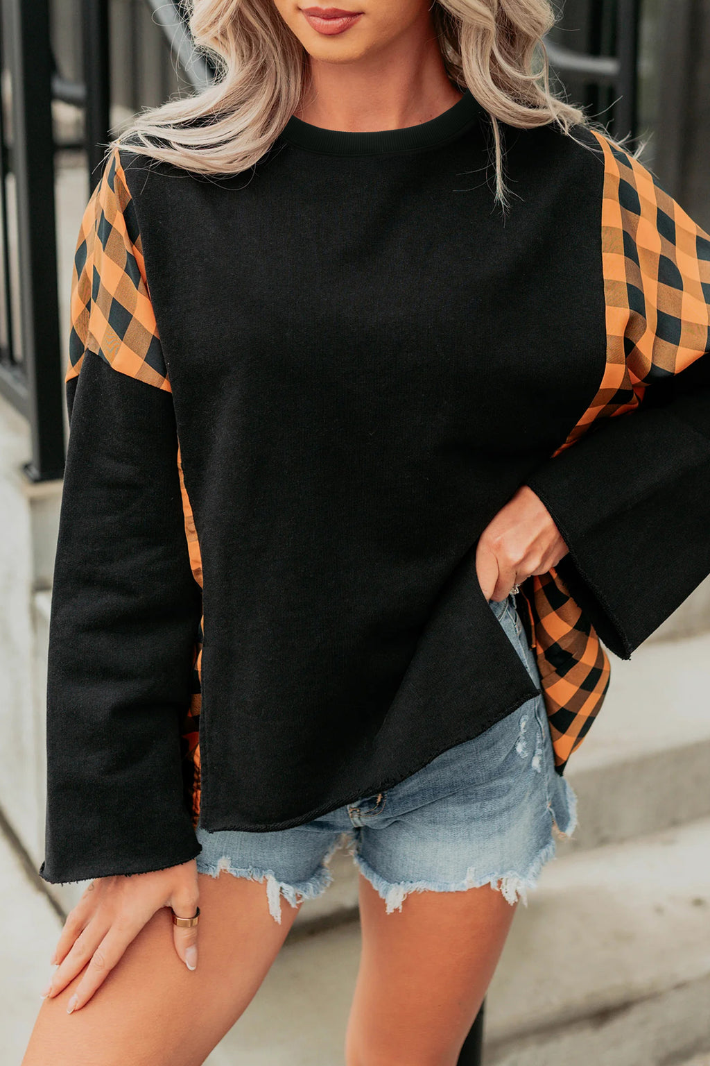 Black Patchwork Plaid Pumpkin Face Long Sleeve Top 🇺🇸