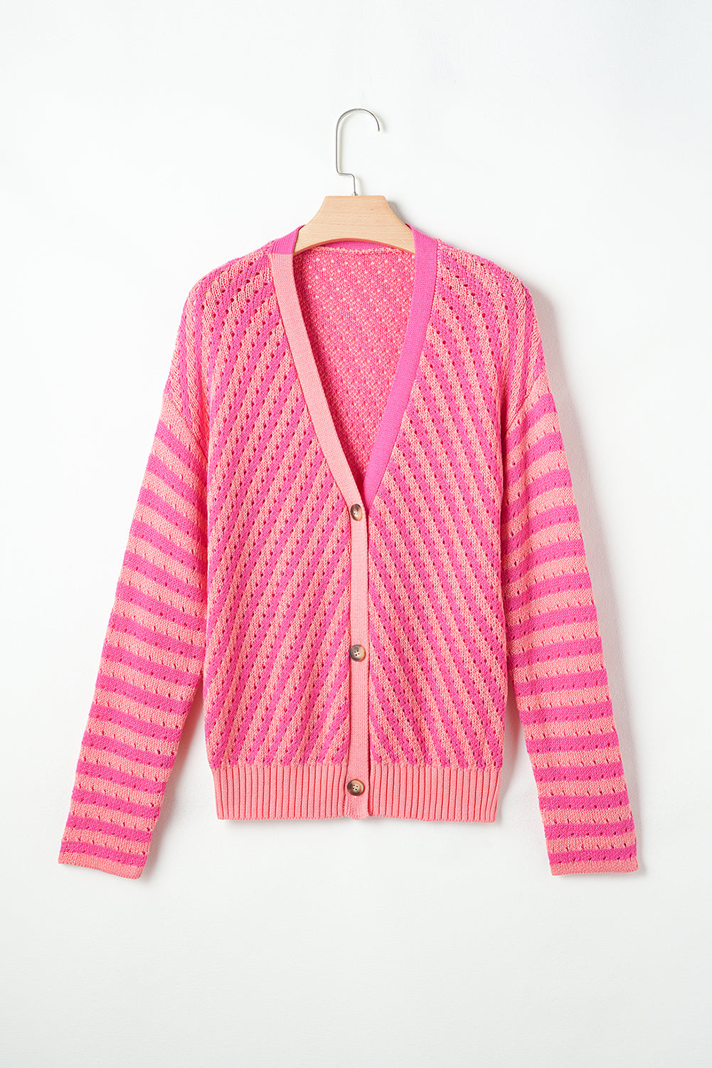 Pink Striped Buttoned V Neck Drop Shoulder Cardigan 🇨🇳