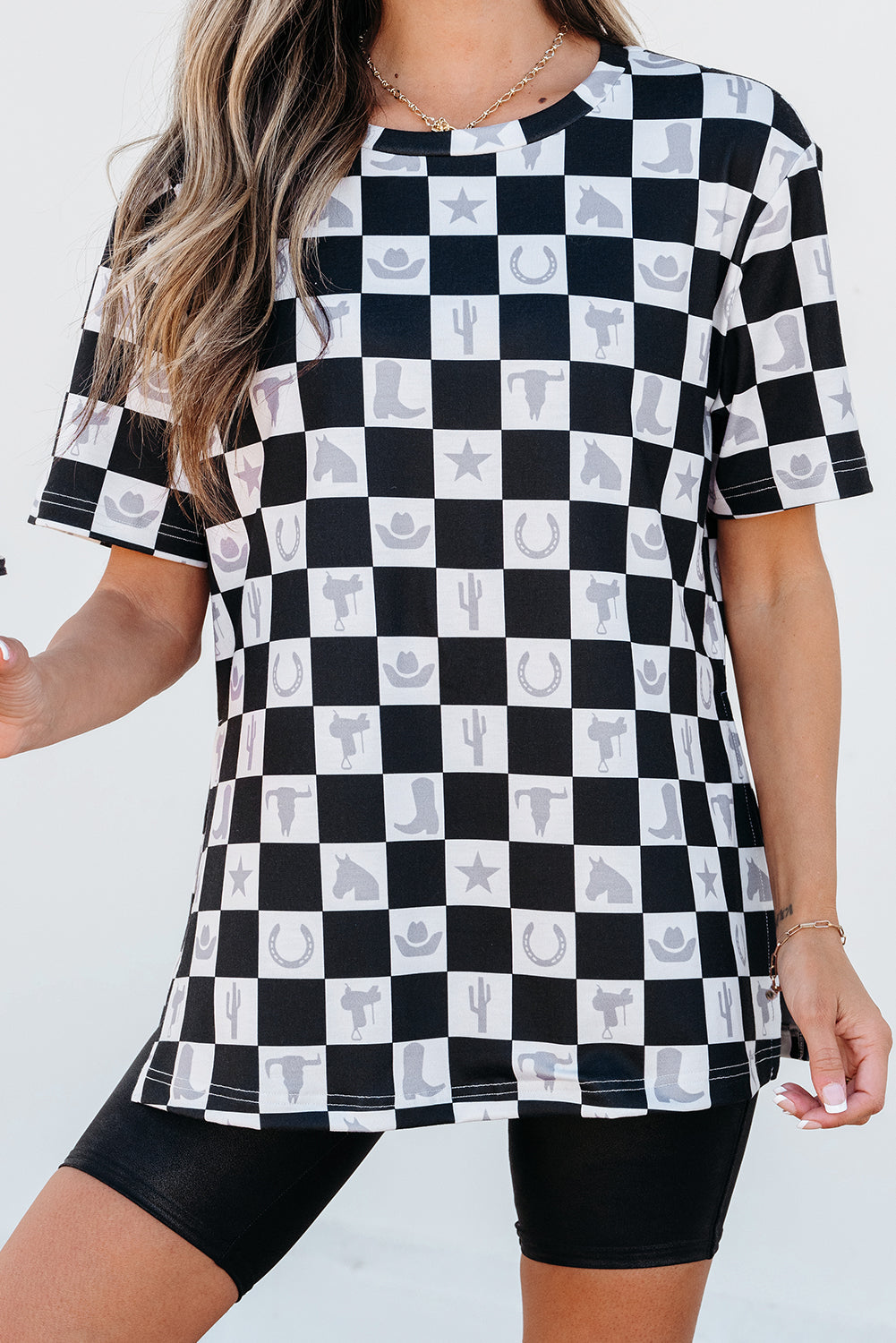Black Western Fashion Checkerboard Print Side Split T Shirt 🇨🇳