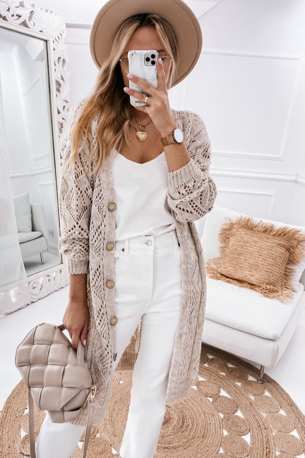 Khaki Hollow-out Openwork Knit Cardigan 🇨🇳